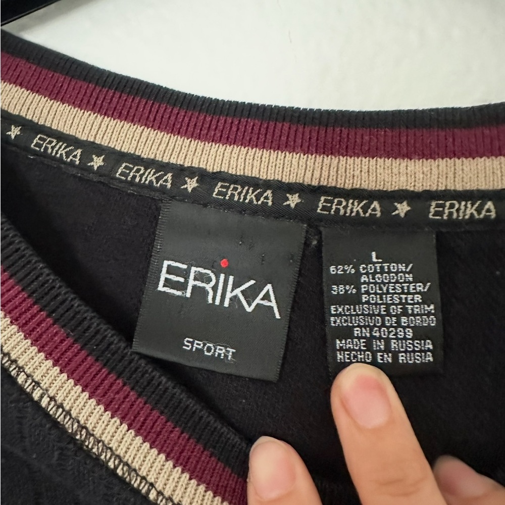 Erika Sport Vintage Black Ribbed Crop Sweatshirt with Cream & Burgundy Trim - Picture 2 of 2